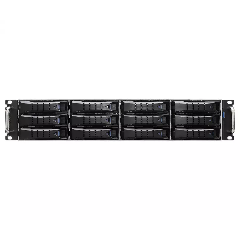 Server-Barebone ASRock 2U12L2S-SIENA (2U) — AMD SoC, Socket SP6, 12×3,5 Zoll + 2×2,5 Zoll Einschübe, 800W Netzteil, DDR5 bis zu 96GB