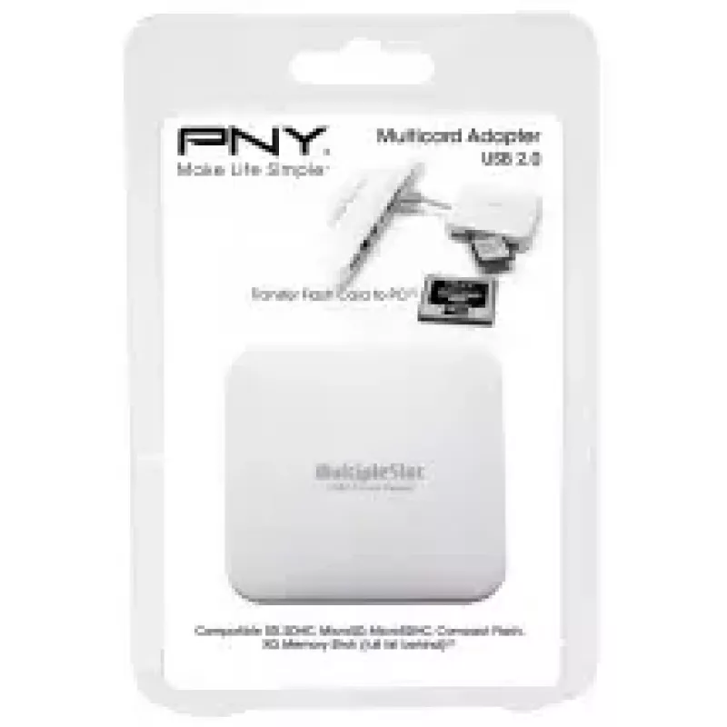 Kartenleser PNY All in One Reader — USB 2.0, 480 Mbit/s, unterstützt CF/SD/MicroSD/MS/MiniSD/MMC, Weiß, 54×54×13 mm, 29 g