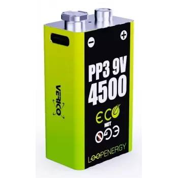 Wiederaufladbares 9V-Batteriepack VERICO LoopEnergy PP3 4500 — Li-Ion, 2 Stück, 500 mAh, USB-C-Ladung