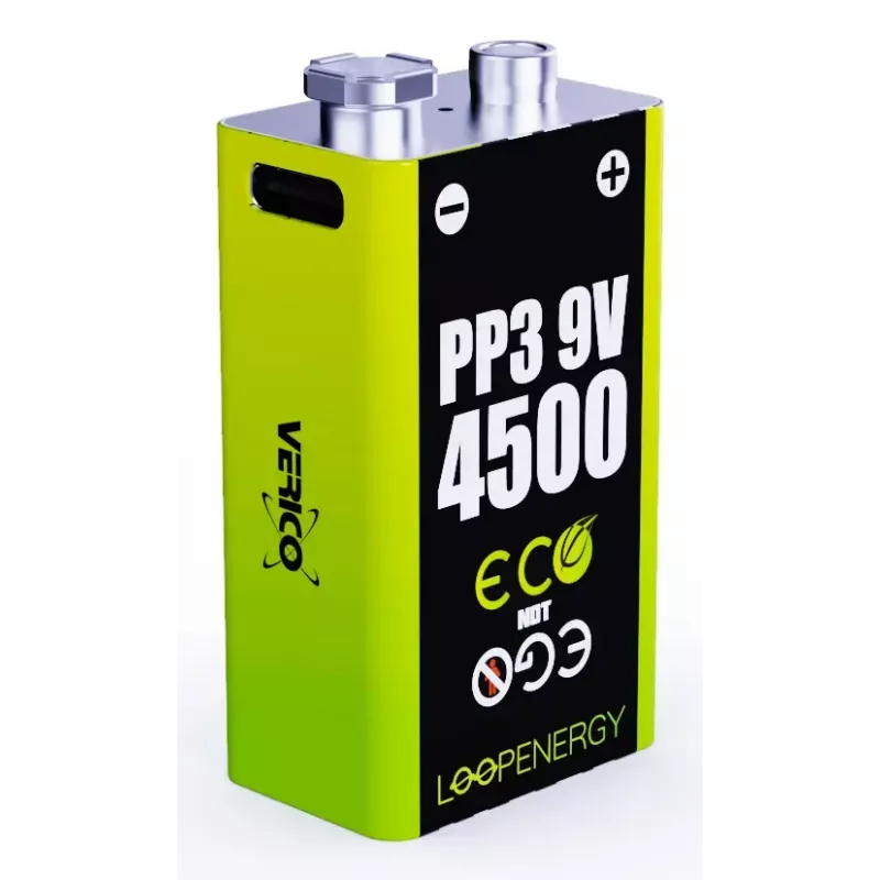 Wiederaufladbares 9V-Batteriepack VERICO LoopEnergy PP3 4500 — Li-Ion, 2 Stück, 500 mAh, USB-C-Ladung