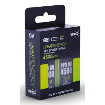 Wiederaufladbares 9V-Batteriepack VERICO LoopEnergy PP3 4500 — Li-Ion, 2 Stück, 500 mAh, USB-C-Ladung