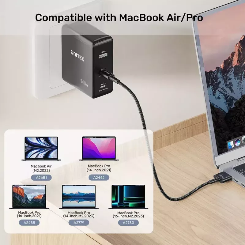 Stromkabel UNITEK C14121BK-1M Schwarz MagSafe 3 USB C 1m 28V 5A