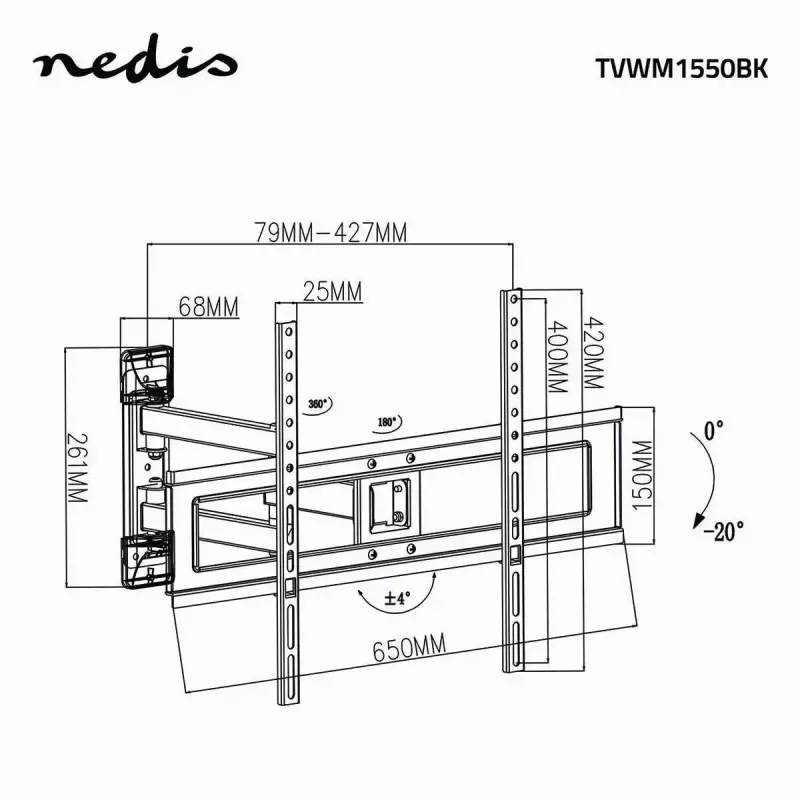 Nedis TVWM1550BK TV-Standfuß für Bildschirme von 94–177,8 cm (37–70 Zoll), max. VESA 600x400, max. Traglast 25 kg, schwarz