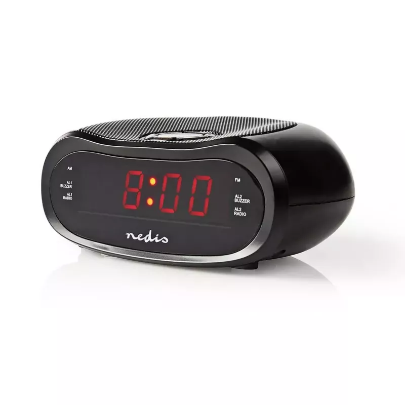 Digitaler Wecker Nedis CLAR001BK — LED-Anzeige, oval, 130×60×100 mm, 220–240 V, FM/AM, schwarz