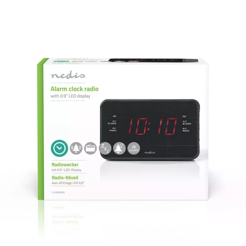 Digitaler Wecker Nedis CLAR002BK — LED-Anzeige, AC 220–240V, 130×80×70 mm, schwarz