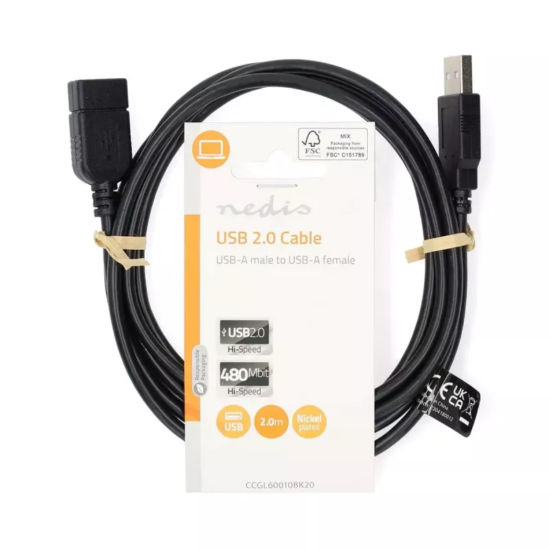Nedis CCGL60010BK20 USB 2.0 Verlängerungskabel, A Stecker auf A Buchse, 2 m, Schwarz
