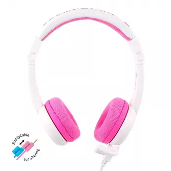 BuddyPhones School+ kabelgebundenes Headset mit Kopfbügel für Anrufe und Musik, 20–20000 Hz, 1,4 m Kabel, pink/weiß