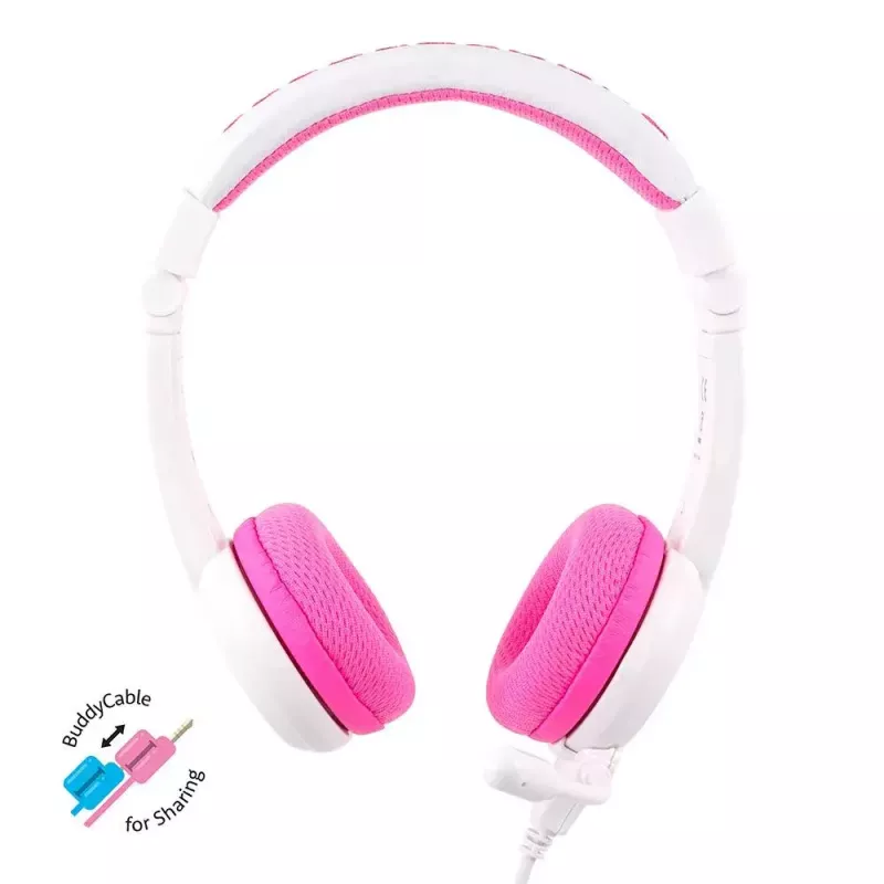 BuddyPhones School+ kabelgebundenes Headset mit Kopfbügel für Anrufe und Musik, 20–20000 Hz, 1,4 m Kabel, pink/weiß