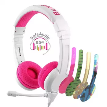 BuddyPhones School+ kabelgebundenes Headset mit Kopfbügel für Anrufe und Musik, 20–20000 Hz, 1,4 m Kabel, pink/weiß