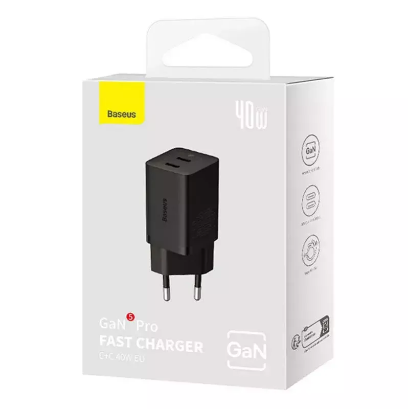 Baseus Wandladegerät GaN5 40 W, 2x USB-C (Schwarz)