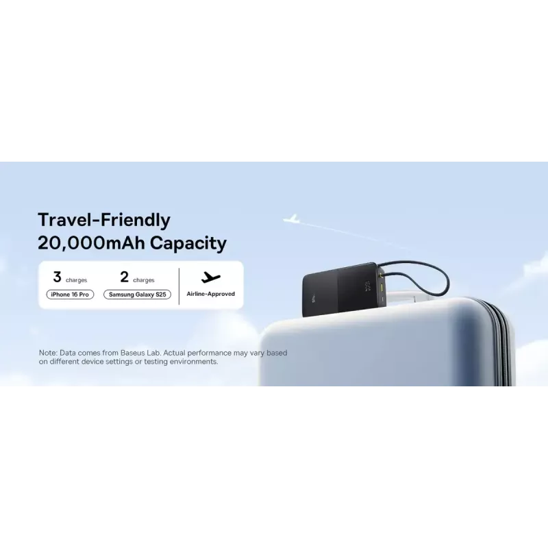 Powerbank Baseus EnerFill Bipow2 Pro – 20000 mAh, PD 3.0 & QC 3.0, 22.5 W, 1×USB-A + 1×USB-C, Schwarz, bis zu 3 Geräte