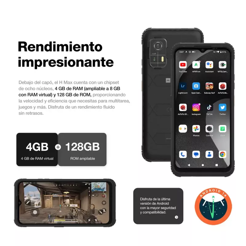 Smartphone AGM H Max — 16,7 cm (6,56 Zoll) Display, Android 14, 4 GB RAM, 256 GB, Dual SIM, 10000 mAh, IP68, Schwarz