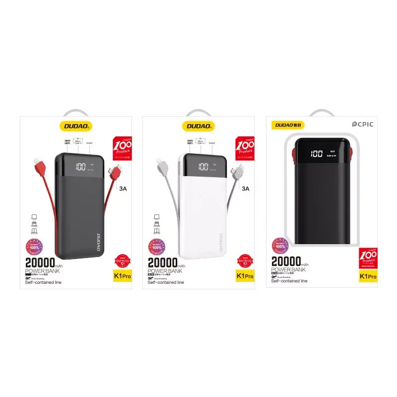 Powerbank Dudao K1Pro 20000 mAh 15 W mit 4 integrierten Kabeln, Schwarz