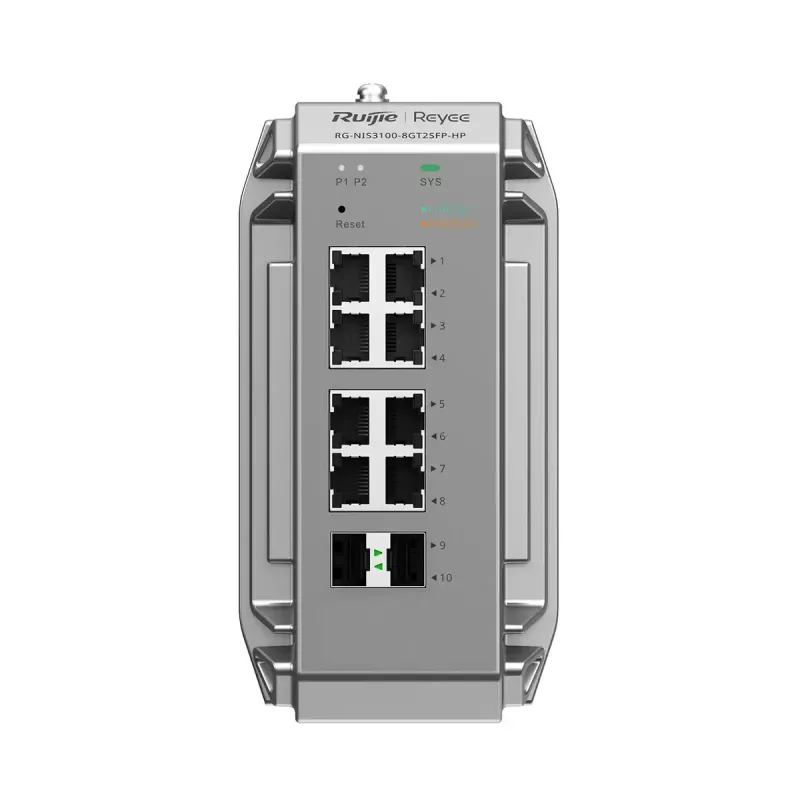 Managed L2 Netzwerk-Switch Ruijie RG-NIS3100-8GT2SFP-HP — 8× Gigabit RJ-45, 2× SFP, PoE, 12–56V DC, 20 Gbit/s, 8000 MAC, Grau
