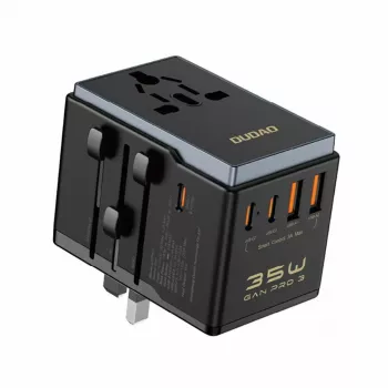 Reiseadapter Dudao A35Pro 35W mit 3× USB-C und 2× USB-A, Multi-Stecker EU/UK/AUS/US/JP – schwarz