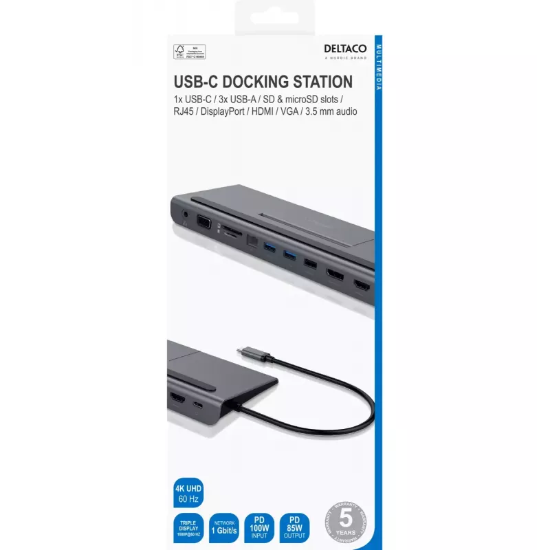 Laptop-Dock Deltaco USBC-DOCK2 Kabelgebunden USB 3.2 Gen 1 Typ-C Grau