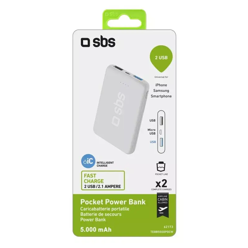 Tragbare Powerbank SBS 5000 mAh, 5000 mAh Akkukapazität