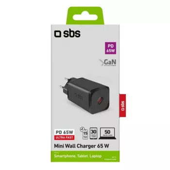 SBS Mobile Ladegerät für Innenräume TETRGAN1C65W – 100–240V, 1x USB-C, schwarz, für Smartphone Tablet Laptop Smartwatch Kopfhörer