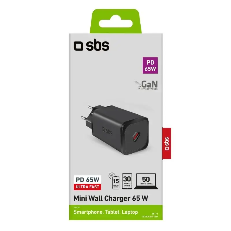 SBS Mobile Ladegerät für Innenräume TETRGAN1C65W – 100–240V, 1x USB-C, schwarz, für Smartphone Tablet Laptop Smartwatch Kopfhörer