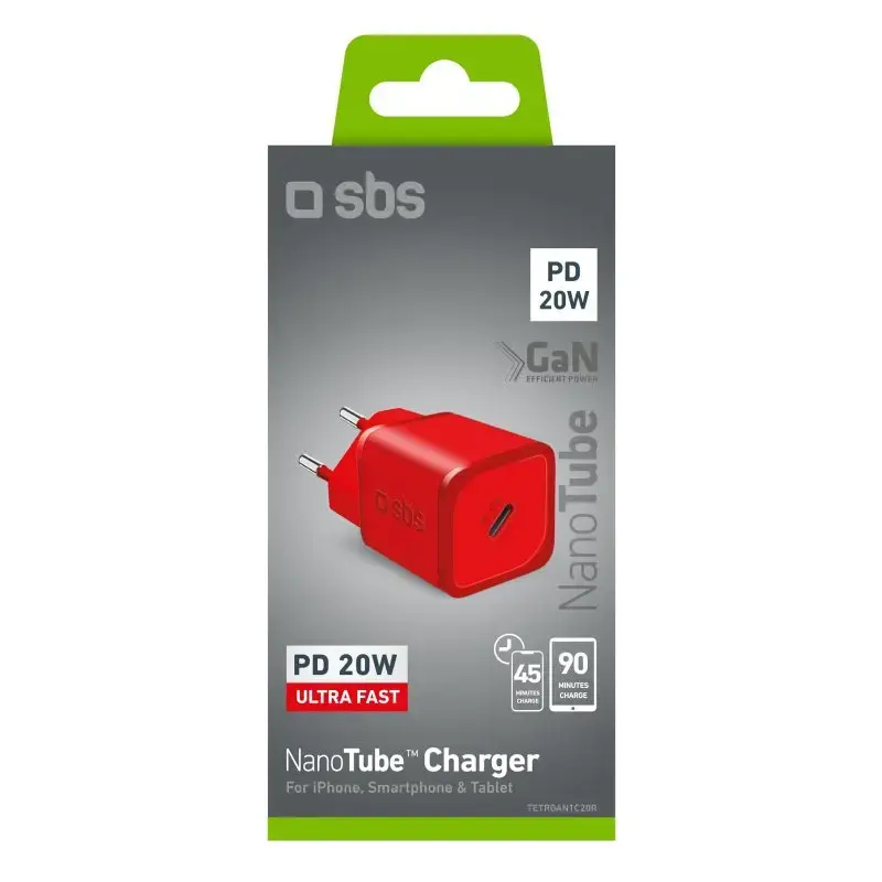 Ladegerät SBS Mobile TETRGAN1C20R — 20W USB‑C AC Indoor‑Ladegerät für Smartphone, Tablet, Smartwatch, Kopfhörer (rot)