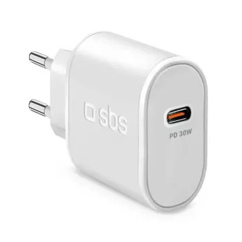 Ladegerät für Mobilgeräte SBS Mobile TETR1CPD30 — USB Type-C 1 Port, AC für innen, 100–240V Eingang, bis zu 20V Ausgang, weiß