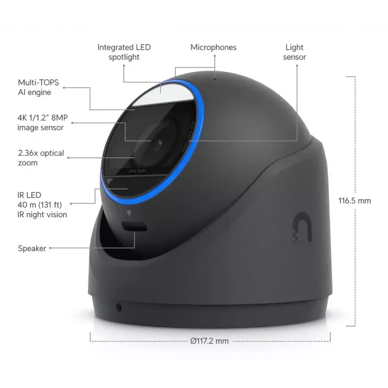 IP-Sicherheitskamera UBIQUITI UVC-G6-Pro-Turret-B – 3840×2160, 1/1,2″-CMOS, 2,36× optischer Zoom, PoE+, Decken-/Wandmontage, innen/außen