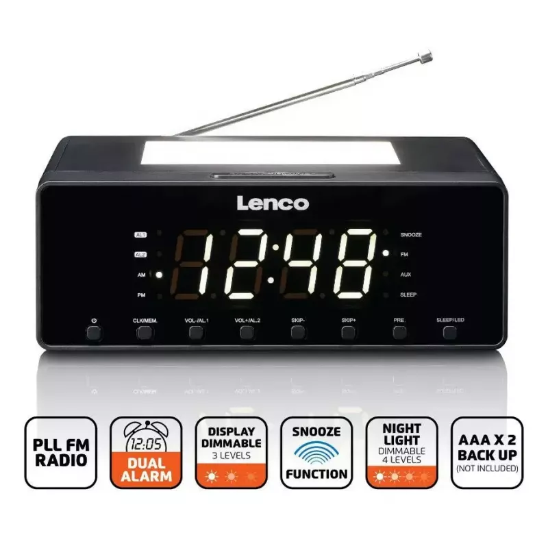 Uhrenradio Lenco CR540BK – FM-Wecker, 1,2-Zoll-LED-Anzeige, dimmbares Nachtlicht, USB-Ladefunktion, Stereolautsprecher
