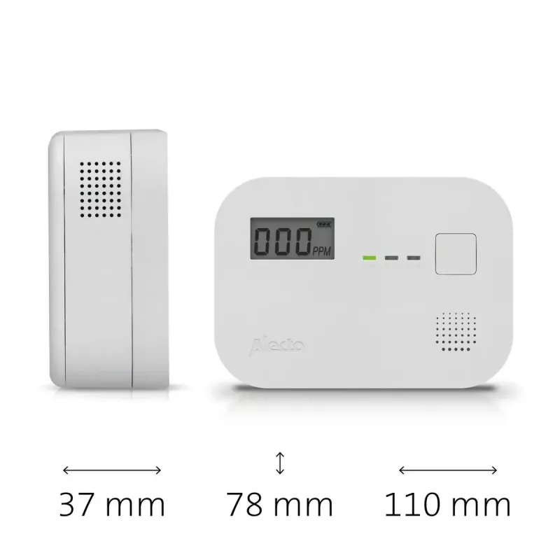 Kohlenmonoxidmelder Alecto COA3910 — elektrochemischer CO-Sensor, batteriebetrieben, weiß, 110×78×37 mm