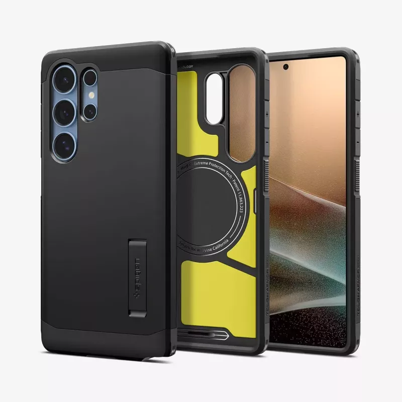 Abdeckung Spigen Galaxy S25 Ultra Tough Armor AI Schwarz Desktop-Ständer