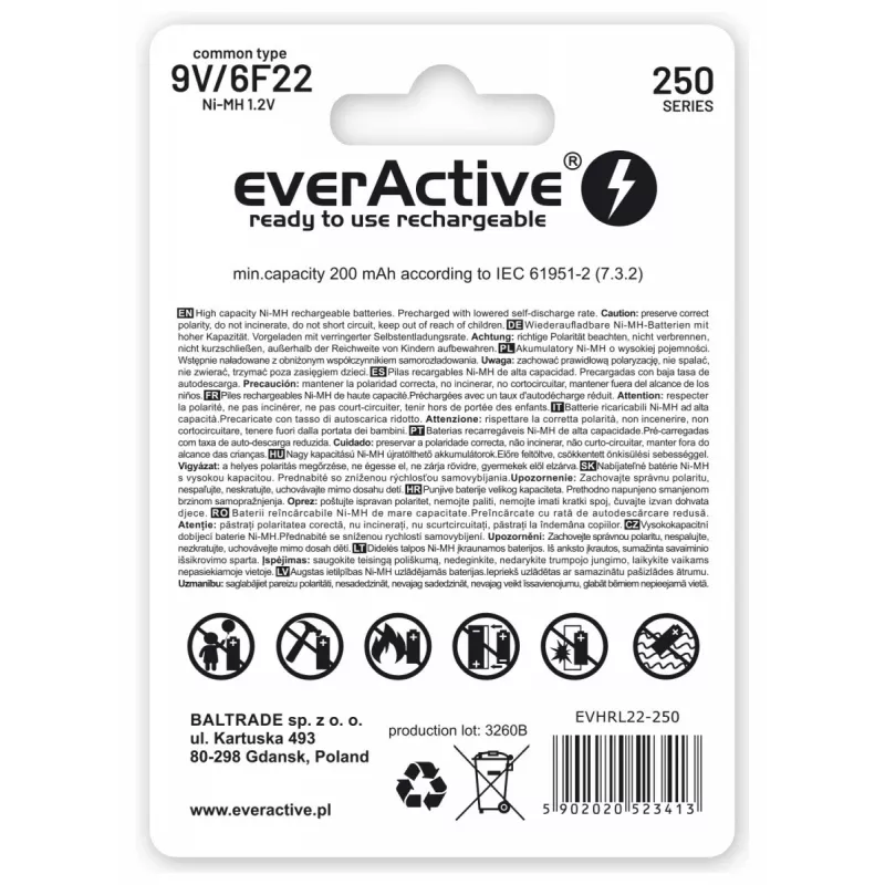 Wiederaufladbare Batterien everActive Ni-MH 6F22 9V 250 mAh Silver Line