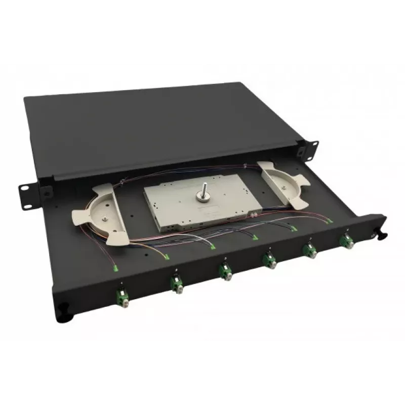 helos Glasfaser 19 Spleißbox 6 x LC/APC Duplex OS2, spleißfertig, schwarz