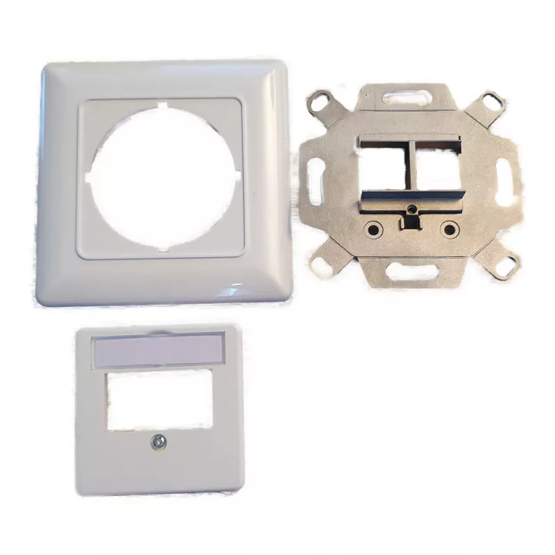 EFB Elektronik 2‑Port Keystone Rahmen-Set ET-25091 — gerader DIN49075 Auslass, RAL9003 weiß, 80×80 mm Rahmen mit 50×50 mm Zentralplatte