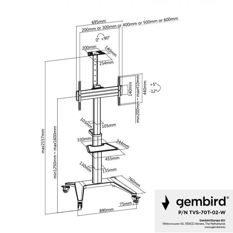 TV-Ständer Bodenständer 37-70/WEISS TVS-70T-02-W Gembird