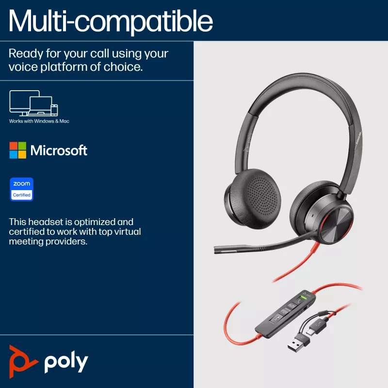 HP Poly Schwarzwire 8225 Stereo USB-C Headset +USB-C/A Adapter