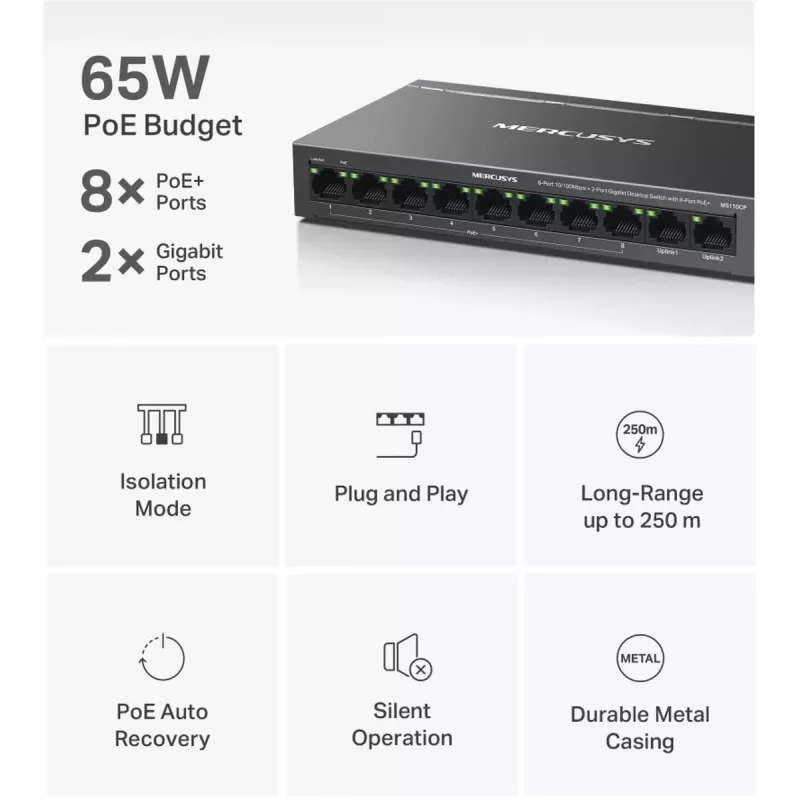 Mercusys MS110CP Netzwerk-Switch mit PoE-Unterstützung Schwarz