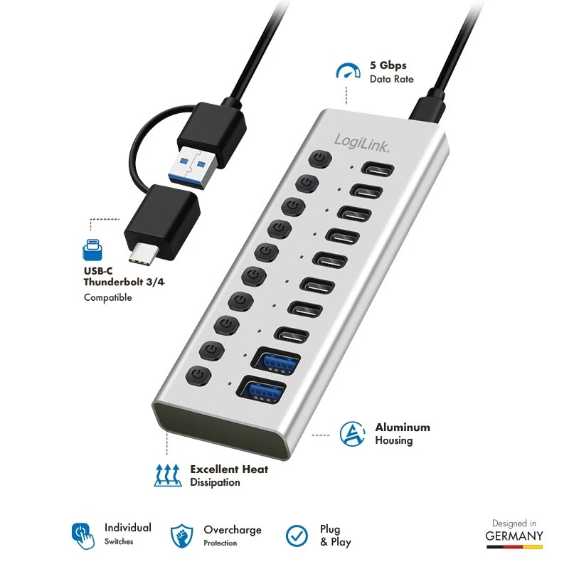 Hub USB3.2 Gen1 10 Ports USB-A/C, Ein-/Ausschalter