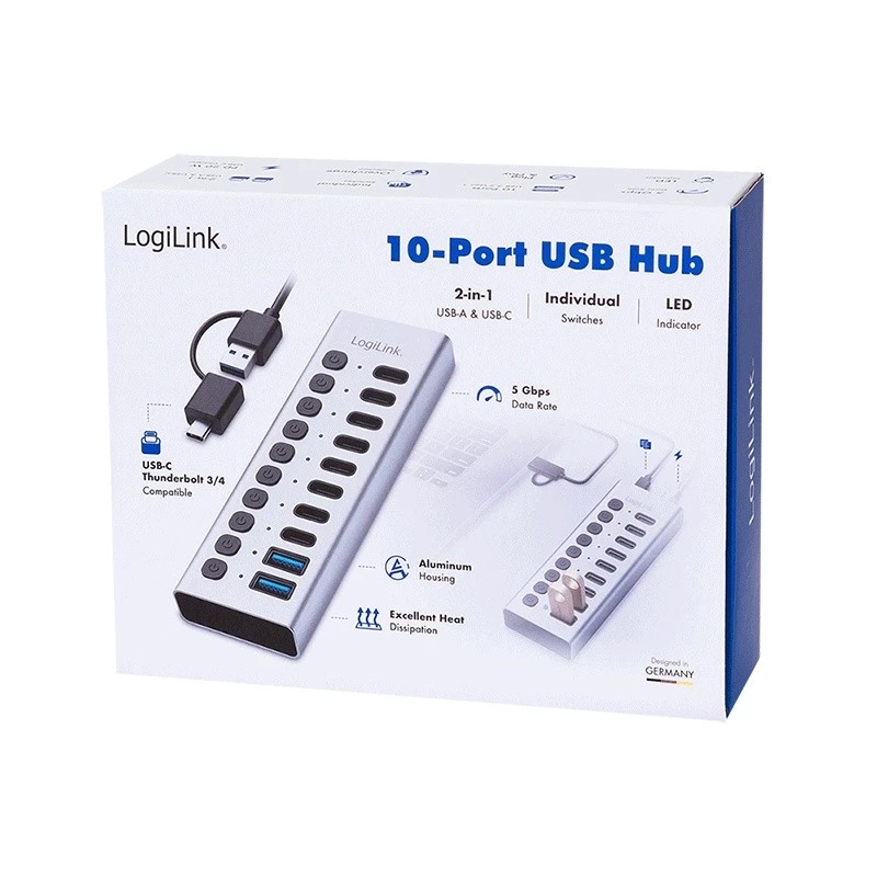 Hub USB3.2 Gen1 10 Ports USB-A/C, Ein-/Ausschalter