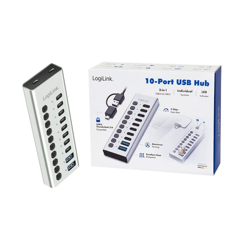 Hub USB3.2 Gen1 10 Ports USB-A/C, Ein-/Ausschalter