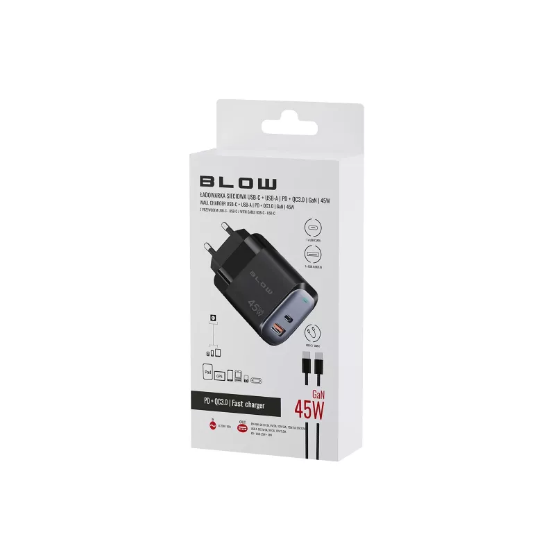 Wandladegerät USB-A USB-C PD 45W + Kabel
