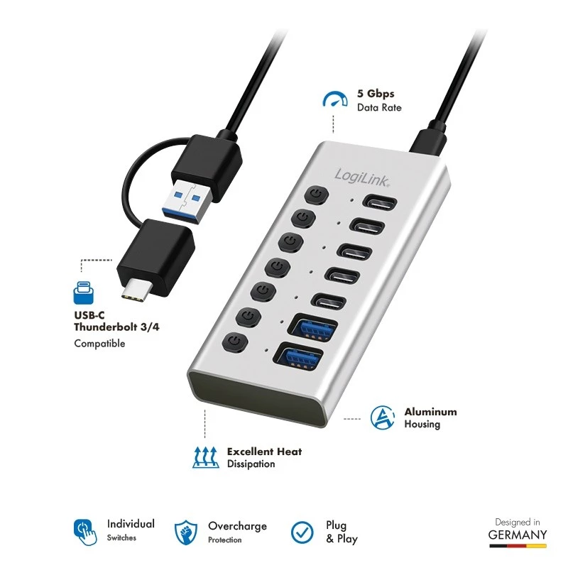 Hub USB 3.2 Gen1 7 Ports USB-A/C, Ein-/Ausschalter