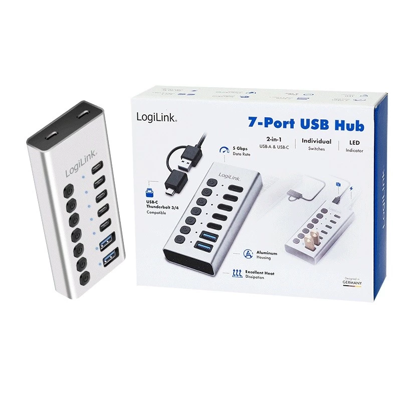 Hub USB 3.2 Gen1 7 Ports USB-A/C, Ein-/Ausschalter