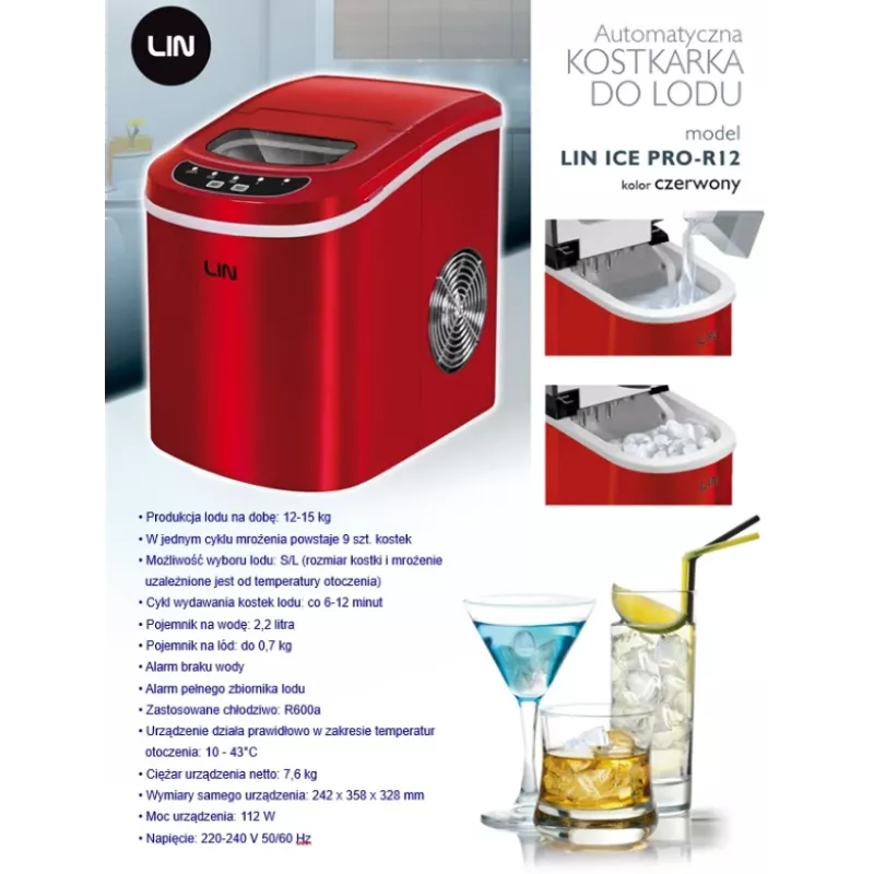Tragbarer Eiswürfelbereiter LIN ICE PRO-R12 rot