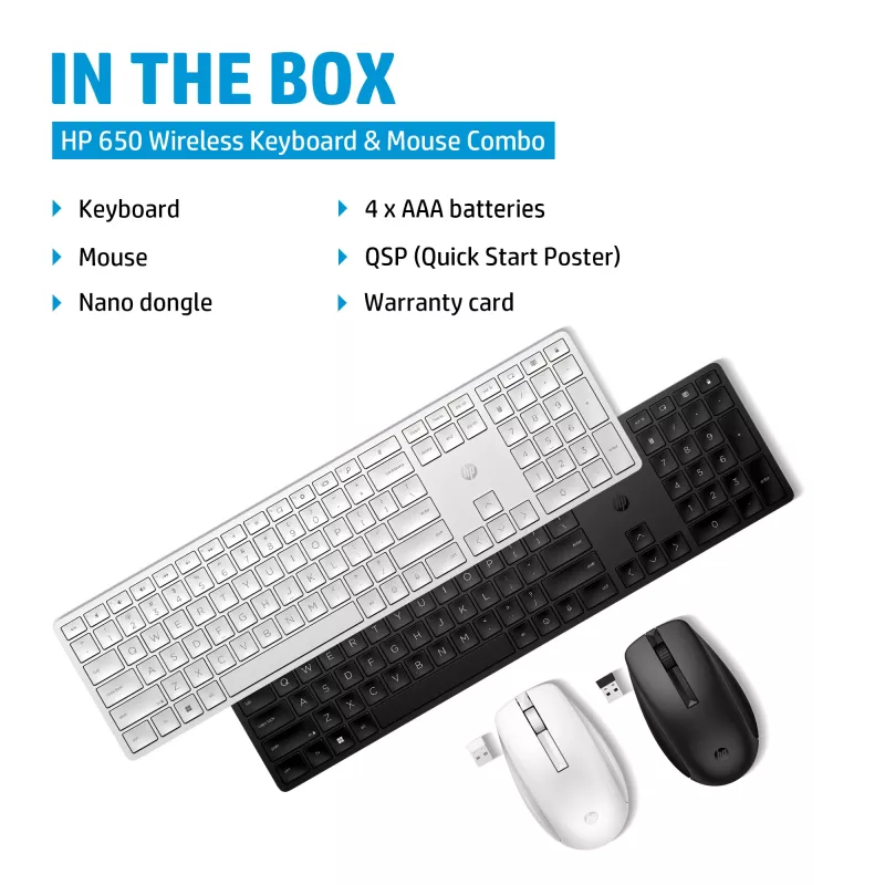 HP 650 Wireless Tastatur and Maus Combo, Full-size (100%), Wireless, RF Wireless, Membrane, Schwarz, Maus enthalten
