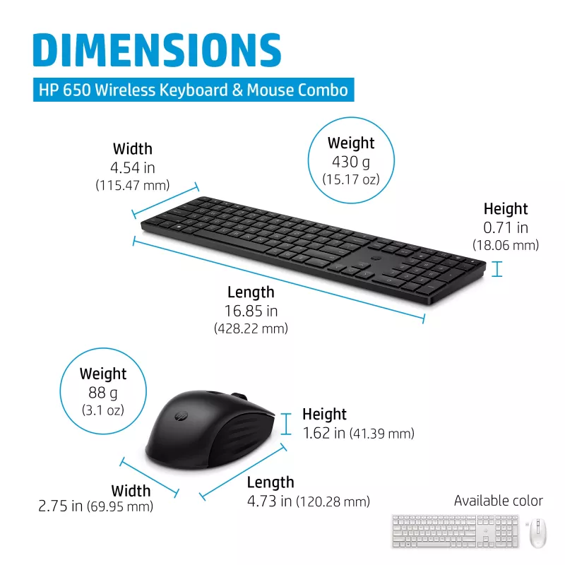 HP 650 Wireless Tastatur and Maus Combo, Full-size (100%), Wireless, RF Wireless, Membrane, Schwarz, Maus enthalten