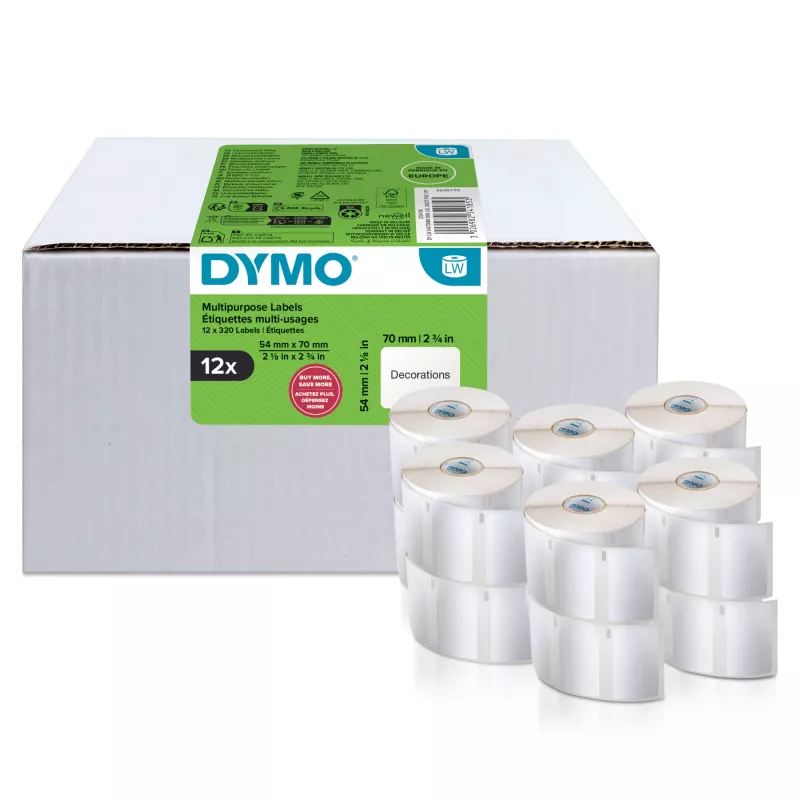 DYMO Authentic LabelWriter Mehrzweck-Etiketten | 54 mm x 70 mm | Selbstklebend | 12 Rollen mit 320 Easy-Peel-Etiketten (3.840 Stück) | für LabelWriter-Etikettendrucker | Hergestellt in Europa