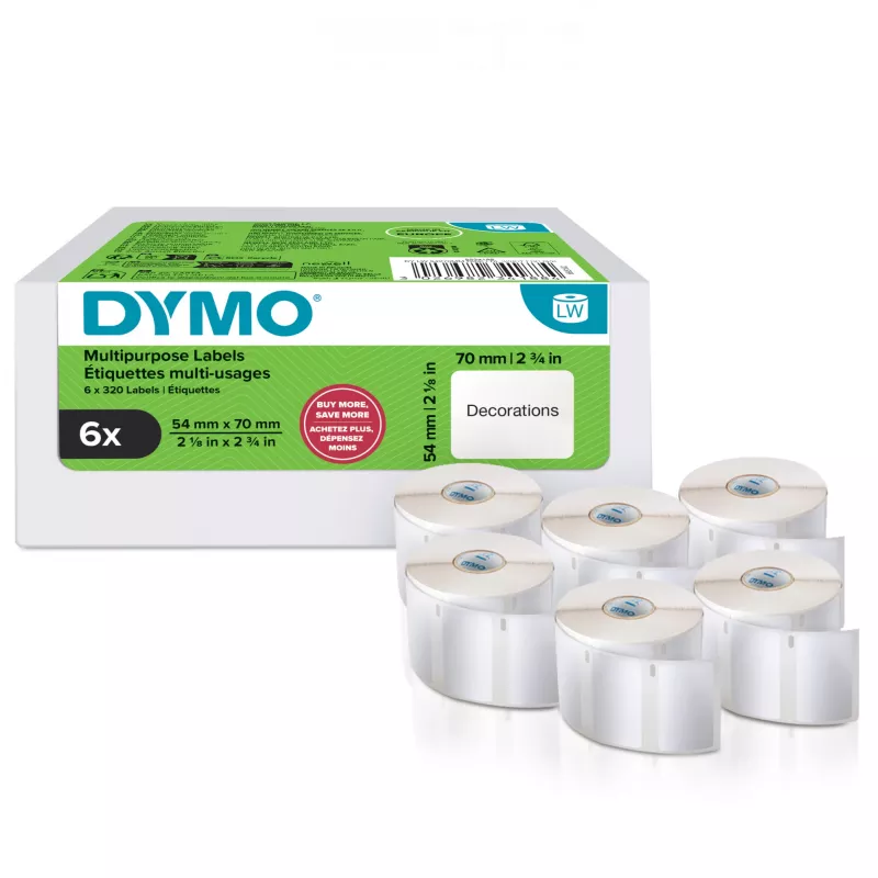DYMO Original LabelWriter Mehrzweck-Etiketten | 54 mm x 70 mm | selbstklebend | 6 Rollen mit je 320 leicht ablösbaren Etiketten (1.920 Stück) | für LabelWriter Etikettendrucker | Hergestellt in Europa