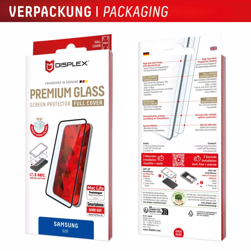Displex Premium Displayschutzglas (Full Abdeckung, 10H) für Samsung S26, Full Abdeckung