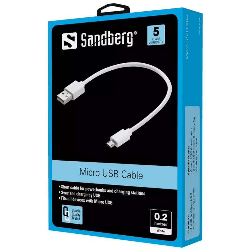 Sandberg MicroUSB Sync/Ladekabel 0,2 m, 0,2 m, USB A, Micro-USB B, USB 2.0, Weiß