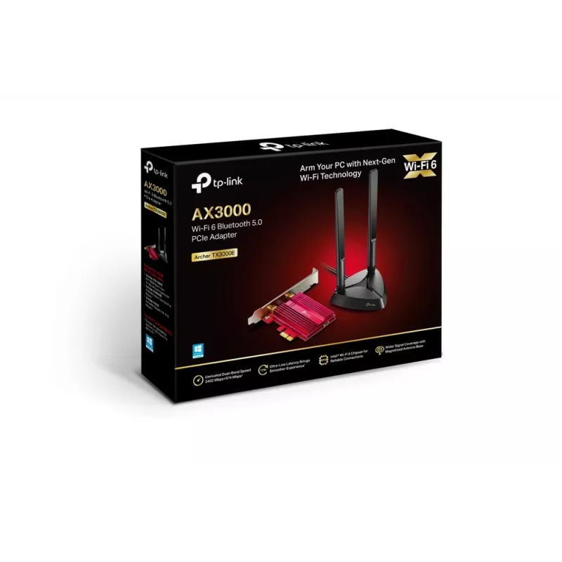 TP-Link AX3000 Wi-Fi 6 Bluetooth 5.0 PCIe Adapter, Intern, Kabellos, PCI Express, WLAN / Bluetooth, 2402 Mbit/s, Schwarz, Rot