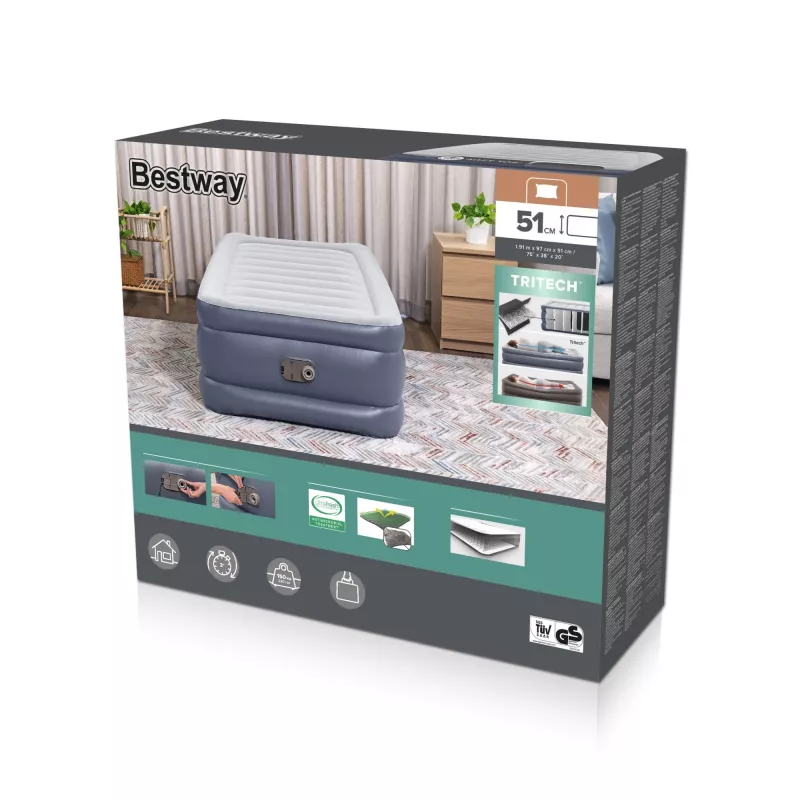 Bestway Tritech Luftmatratze Twin mit integrierter AC-Pumpe und antimikrobieller Beschichtung 1,91 m x 97 cm x 51 cm